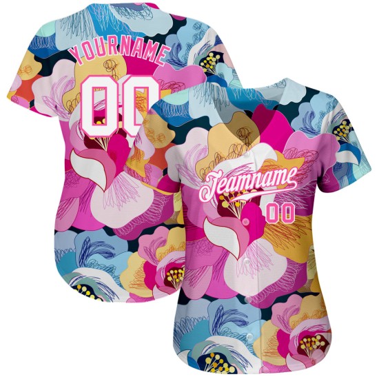 Maillot de baseball rose à motif 3D authentique et personnalisé avec fleurs blanches et roses Maillot de baseball rose à motif 3D authentique et personnalisé avec fleurs blanches et roses